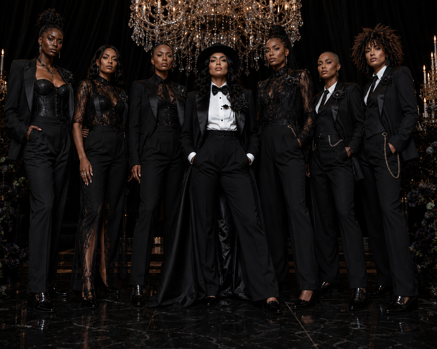 Seven brides in black tuxedos, lace and corsetry beneath a crystal chandelier